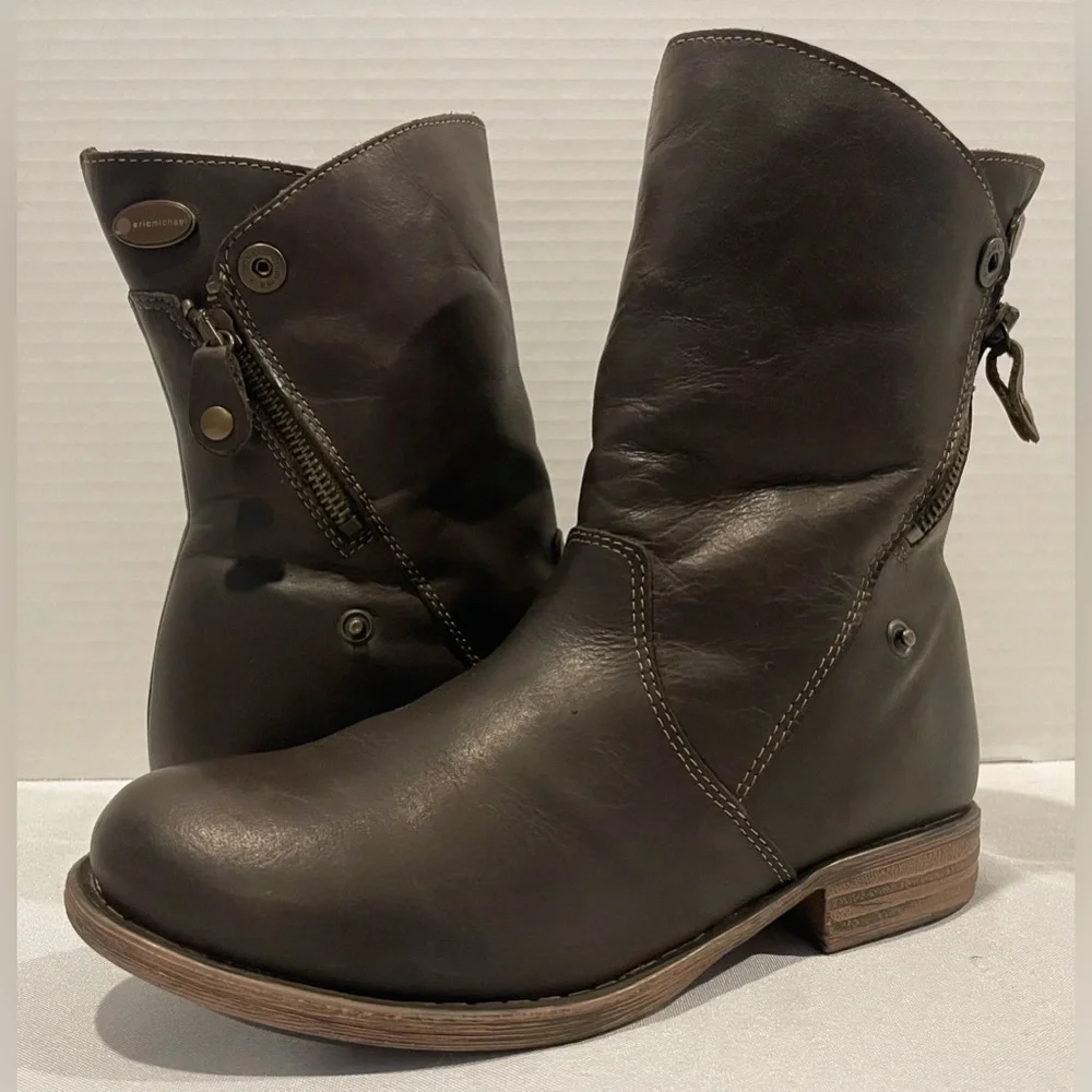 ERIC MICHAEL Waterproof Wool Leather Brown Foldable Zip Up Boots Women’s 6 (36)